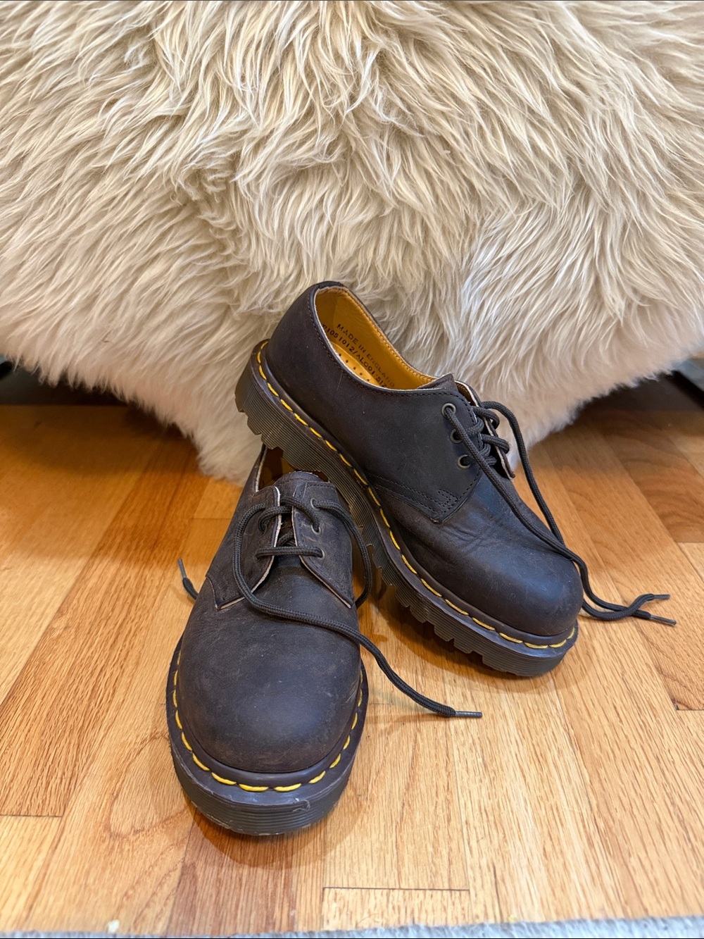 Boys Dr. Marten’s Leather Shoes in Dark Chocolate with Yellow Stitching